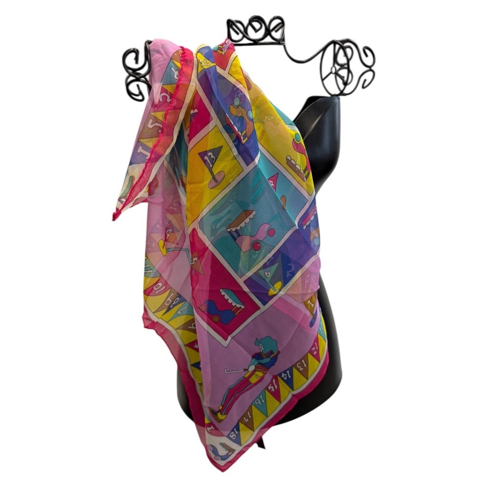 Womens Multicolor Golf Motif Scarf Polyester Lightweight Wrap Flaws - Picture 1 of 9